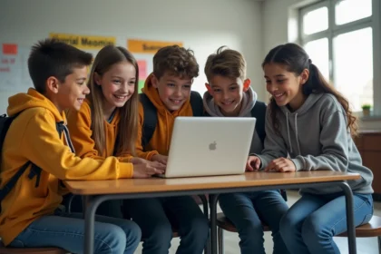 Groupe d'élèves de collège autour d'un ordinateur en classe