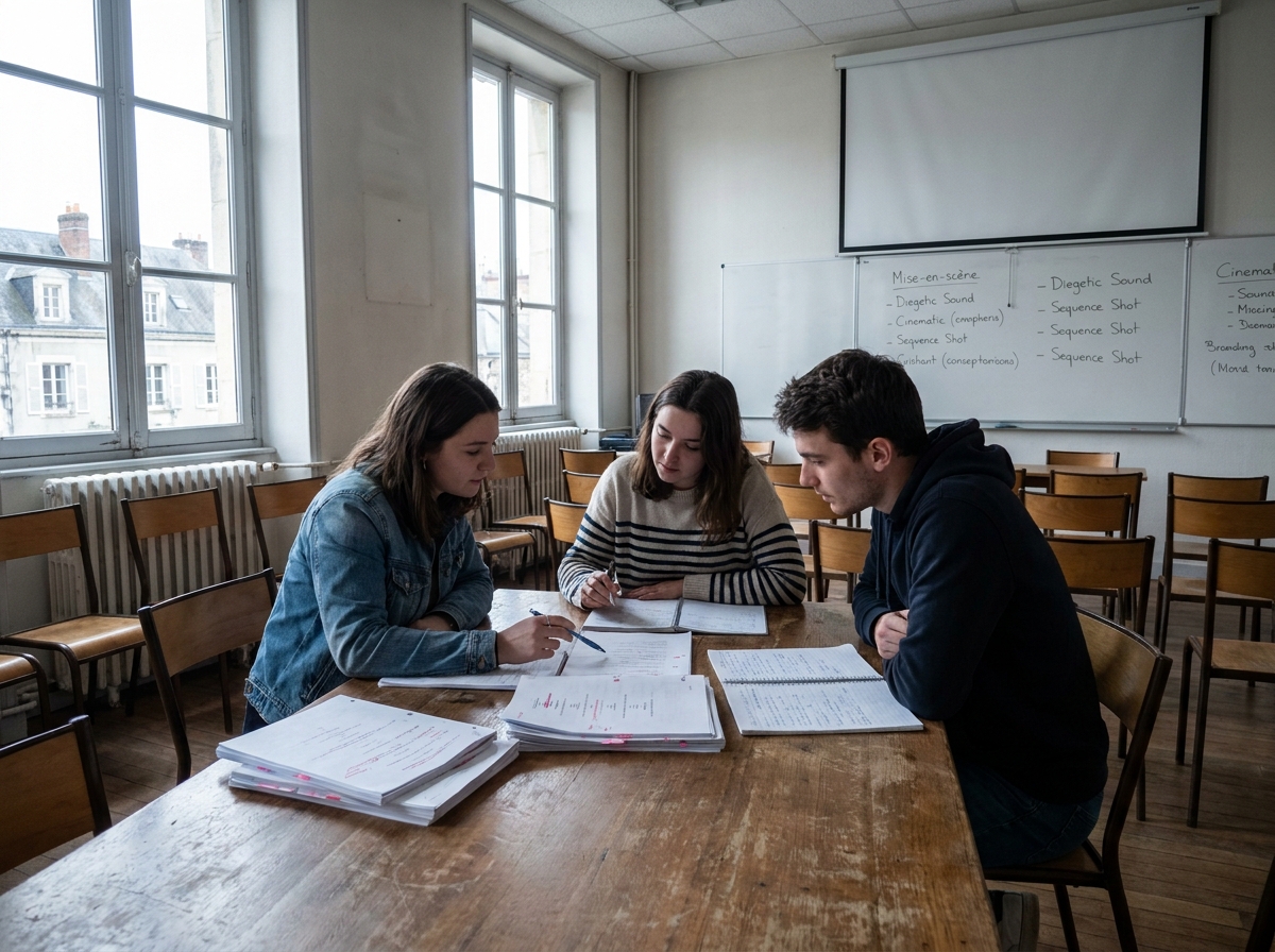 Groupe d'étudiants en cinéma analysant un scénario lors d'un séminaire dans une université française en région