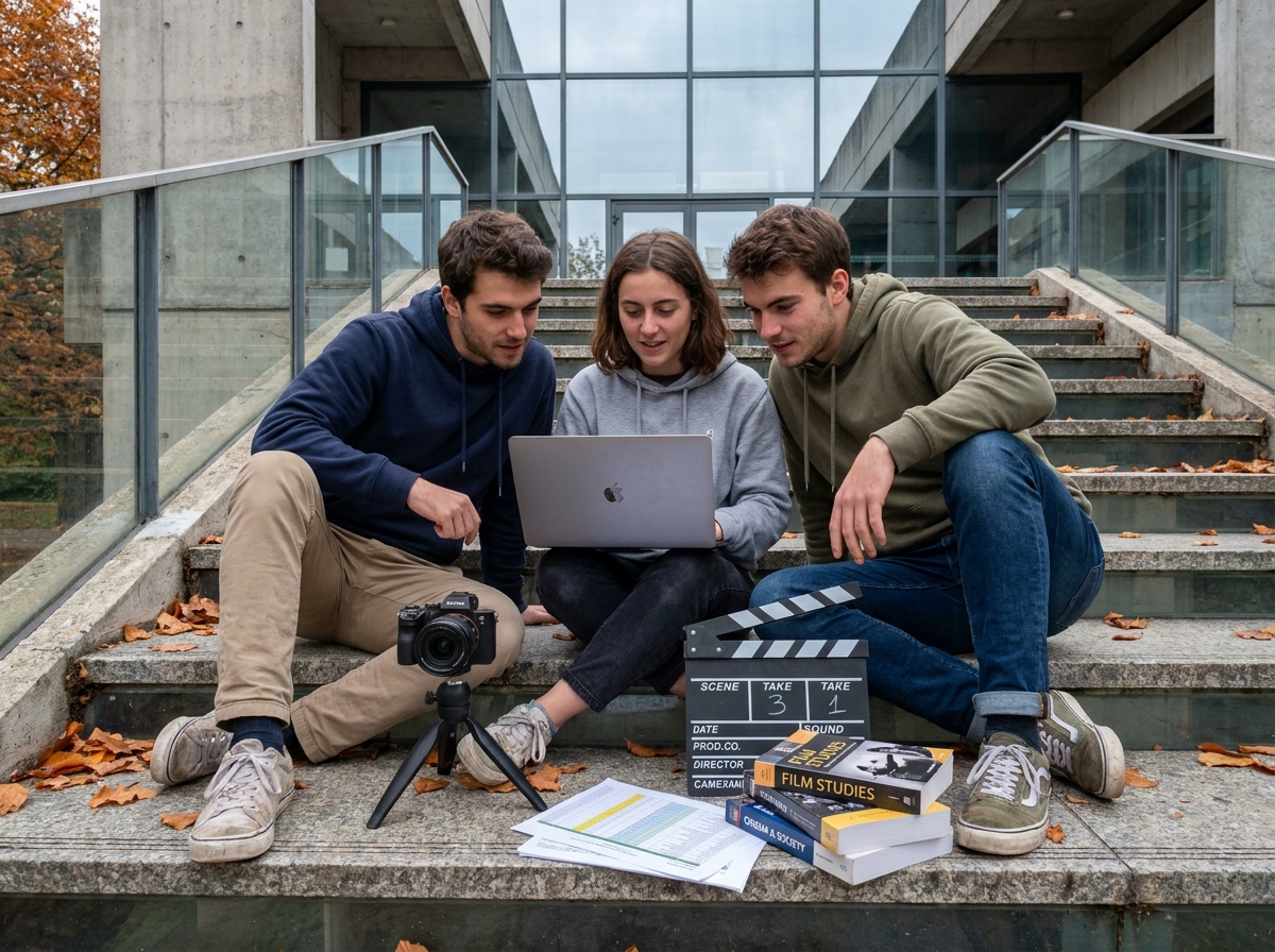 Groupe d'étudiants en cinéma travaillant ensemble sur les marches d'une université à Lyon avec leur matériel de tournage