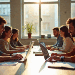 Groupe d'adultes divers étudiant dans un espace de coworking lumineux