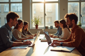 Groupe d'adultes divers étudiant dans un espace de coworking lumineux