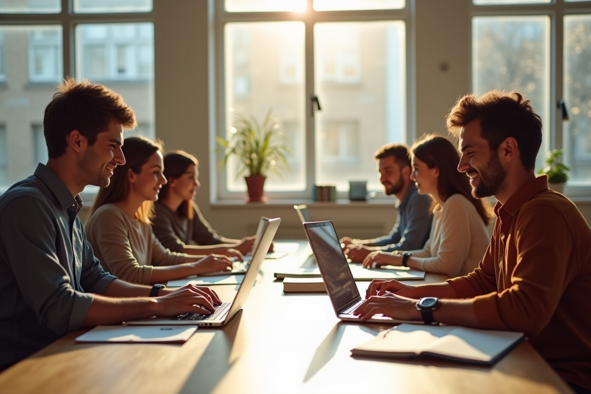 Groupe d'adultes divers étudiant dans un espace de coworking lumineux