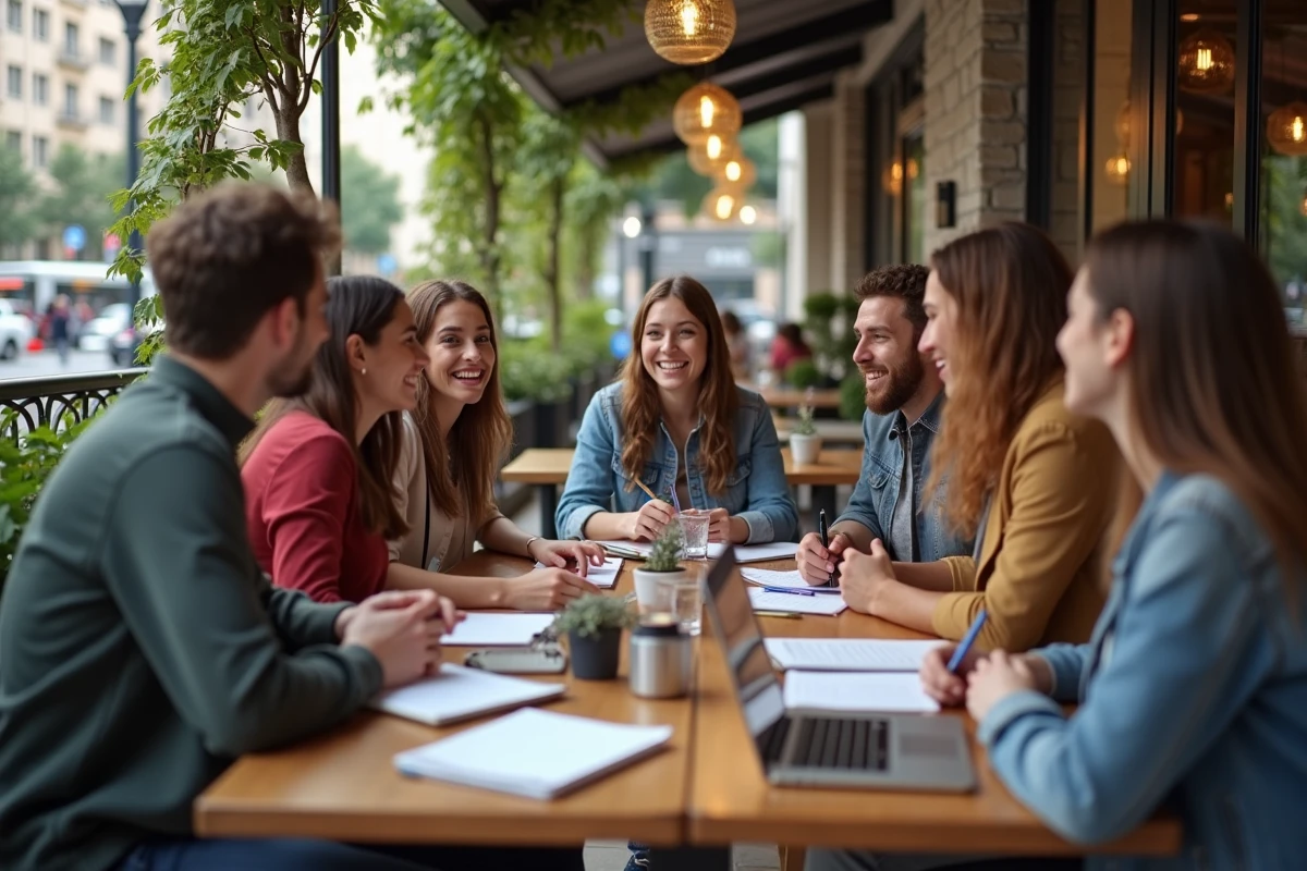 Groupe de jeunes en discussion dans un café en plein air