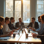 Groupe de professionnels en réunion dans un bureau lumineux