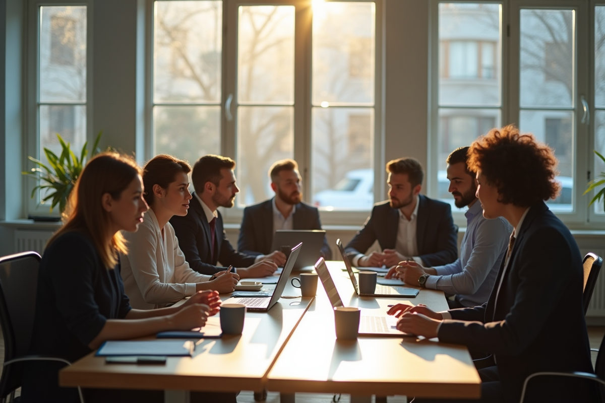 Groupe de professionnels en réunion dans un bureau lumineux