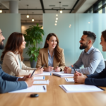 Groupe de professionnels en réunion dans un bureau lumineux