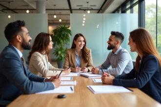 Groupe de professionnels en réunion dans un bureau lumineux