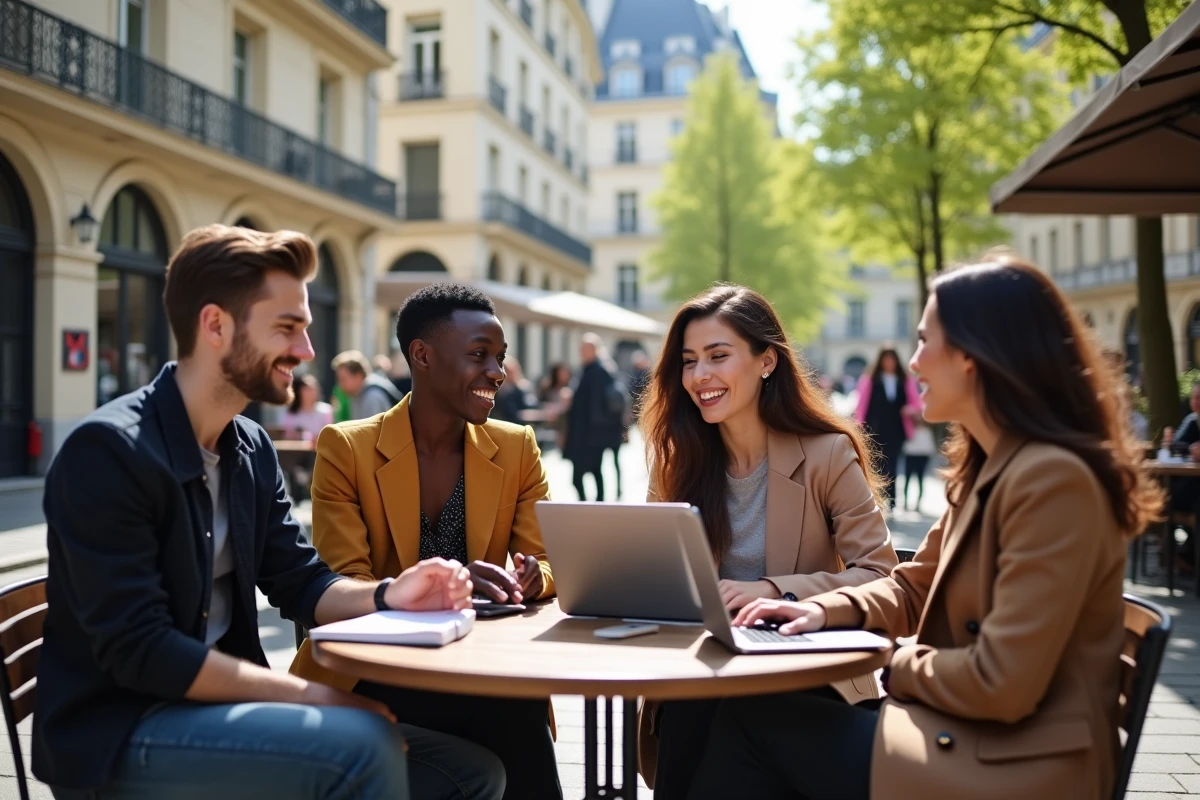Groupe de jeunes professionnels discutant dans un café parisien