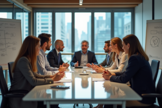 Groupe de professionnels en réunion dans un bureau moderne