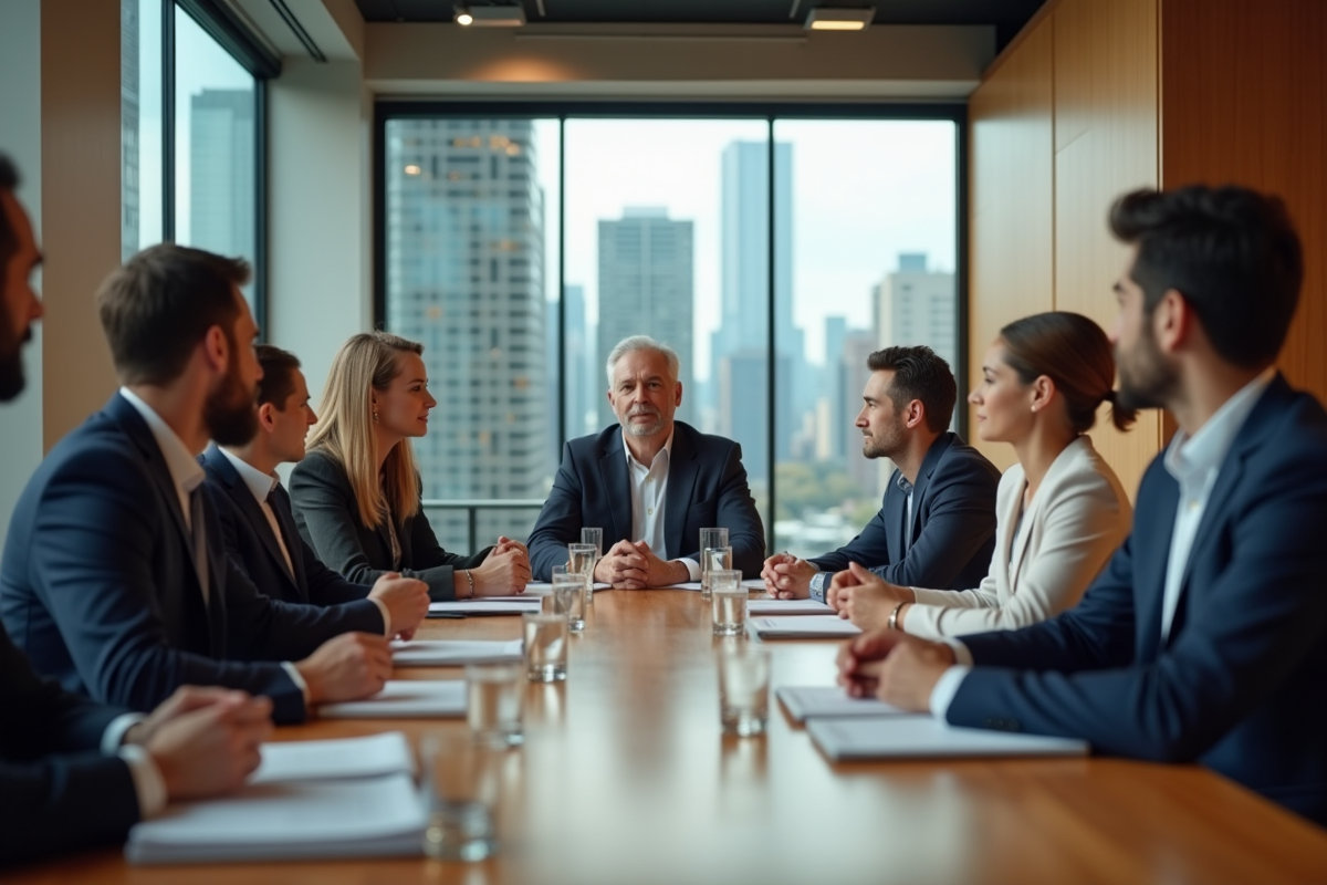 Groupe de professionnels en réunion dans un bureau moderne