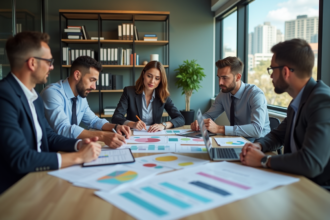 Groupe de professionnels en réunion dans un bureau moderne