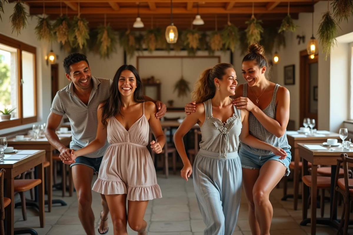 Groupe d'adultes maladroits dansant le sirtaki en ligne dans une taverne grecque rustique