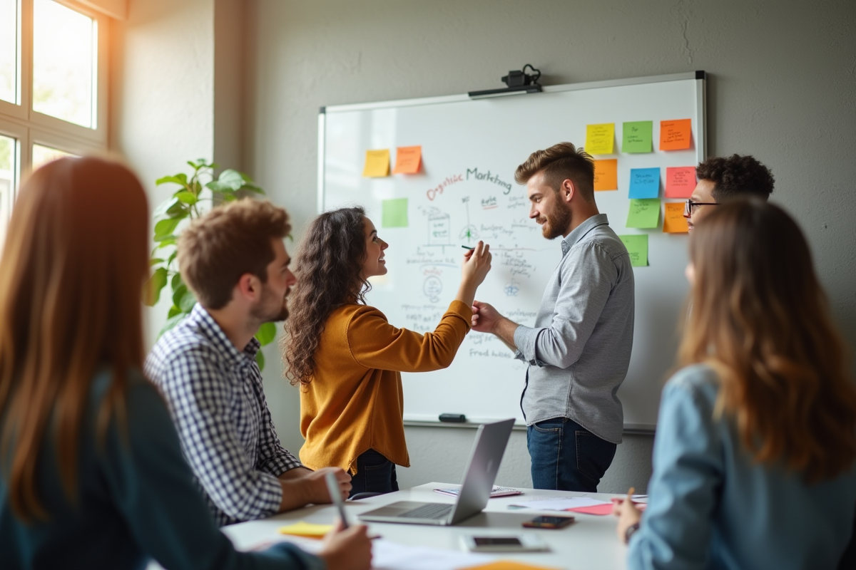 Groupe diversifié de stagiaires collaborant autour d