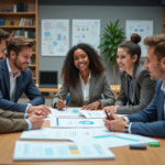 Groupe d'étudiants en discussion dans un espace de travail moderne