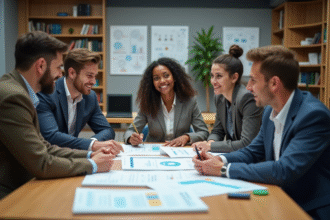 Groupe d'étudiants en discussion dans un espace de travail moderne