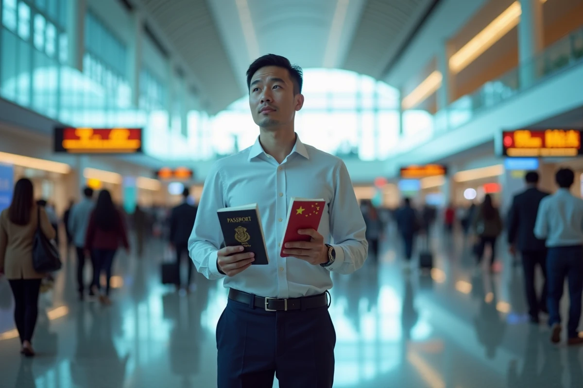 Homme tenant des guides de voyage japonais et chinois dans un aéroport international, symbolisant le dilemme entre choisir le Japon ou la Chine pour travailler ou voyager