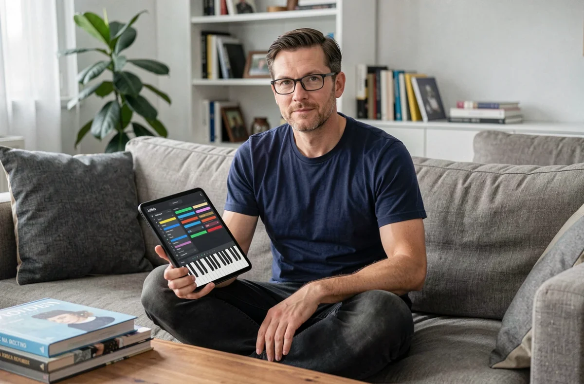 Homme adulte apprenant le piano seul avec une application gratuite sur tablette dans son salon