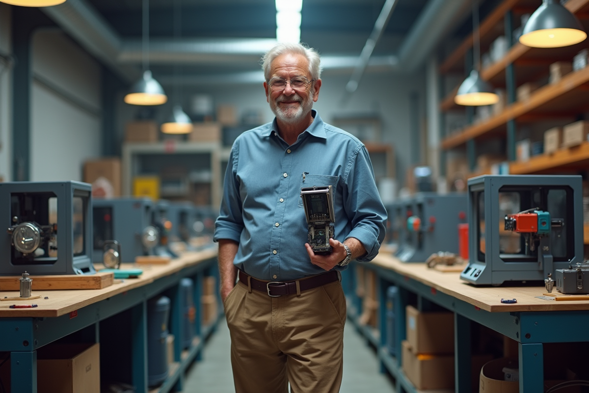 Homme dans un atelier avec prototype et machines innovantes
