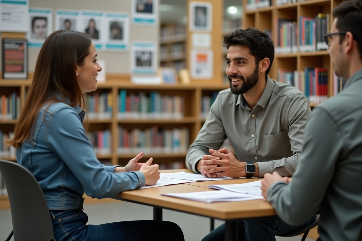 Homme discutant avec un conseiller dans une bibliothèque