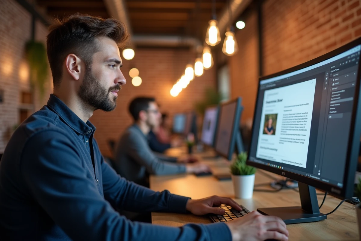 Homme créant une newsletter dans un espace de coworking moderne avec interface de logiciel d'emailing visible à l'écran