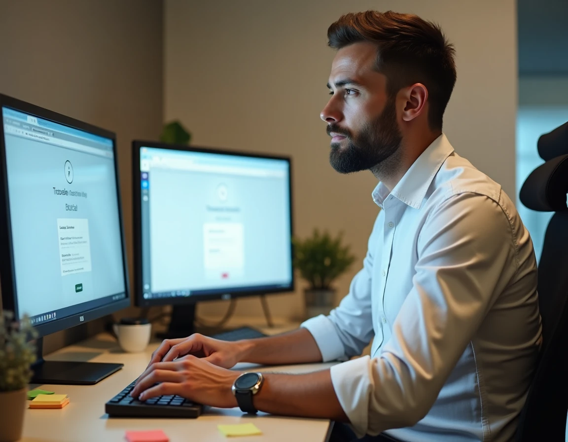 Homme en train de résoudre un problème de connexion à Psblearn sur un poste de travail avec double écran