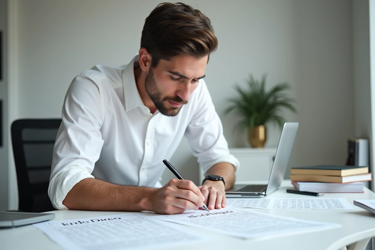 Homme étudiant une liste de mots pour le Scrabble avec des notes manuscrites sur un bureau moderne