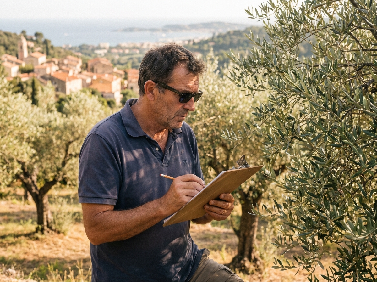 Homme inspectant des oliviers dans un verger ensoleille