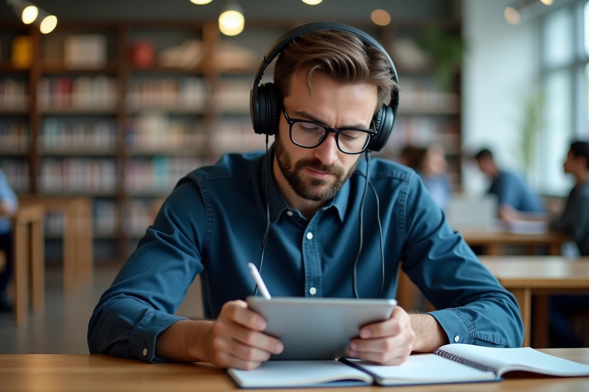 Homme avec casque audio s'entraînant au TOEIC sur une tablette dans une bibliothèque moderne