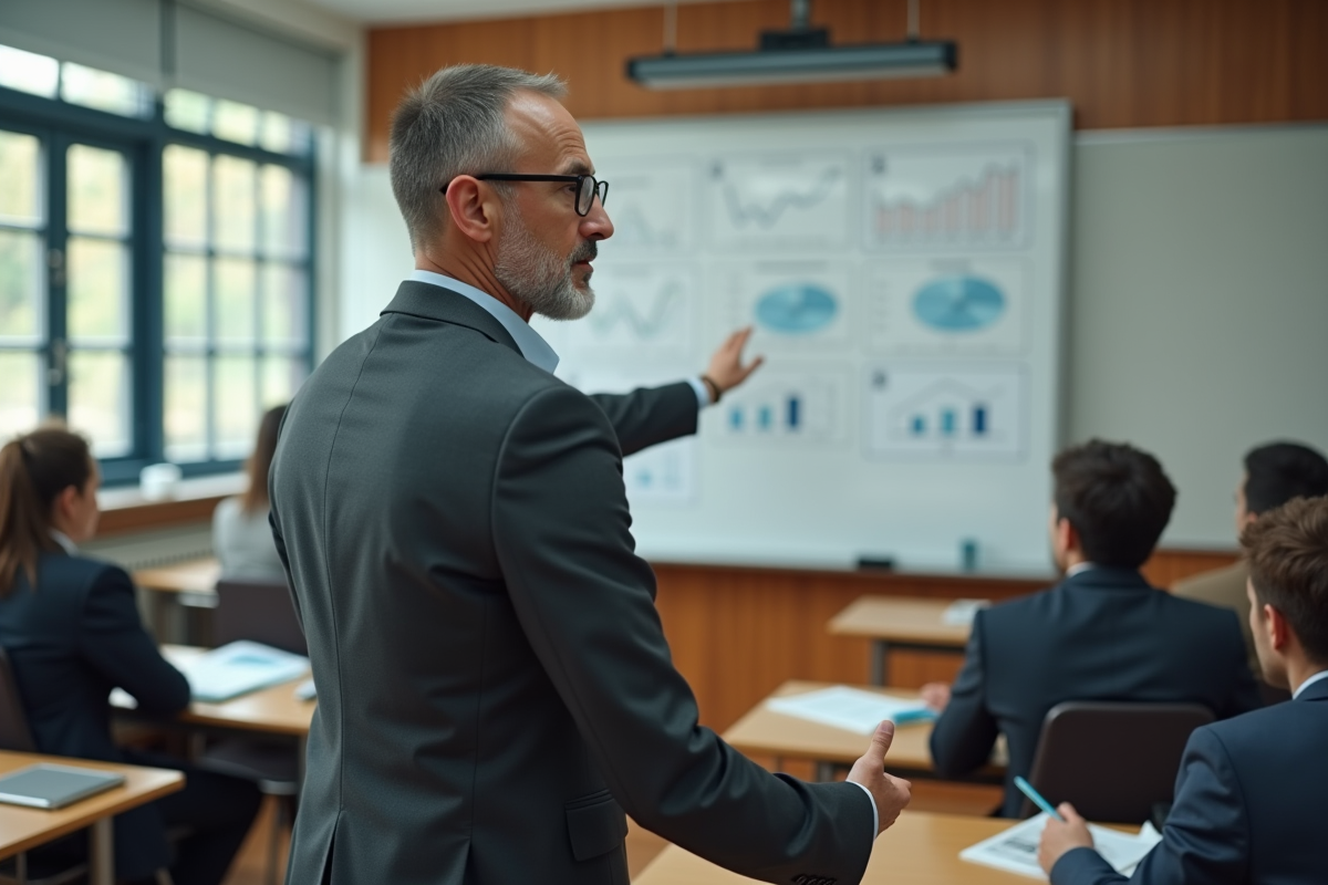 Homme en costume donnant cours avec tableau financier