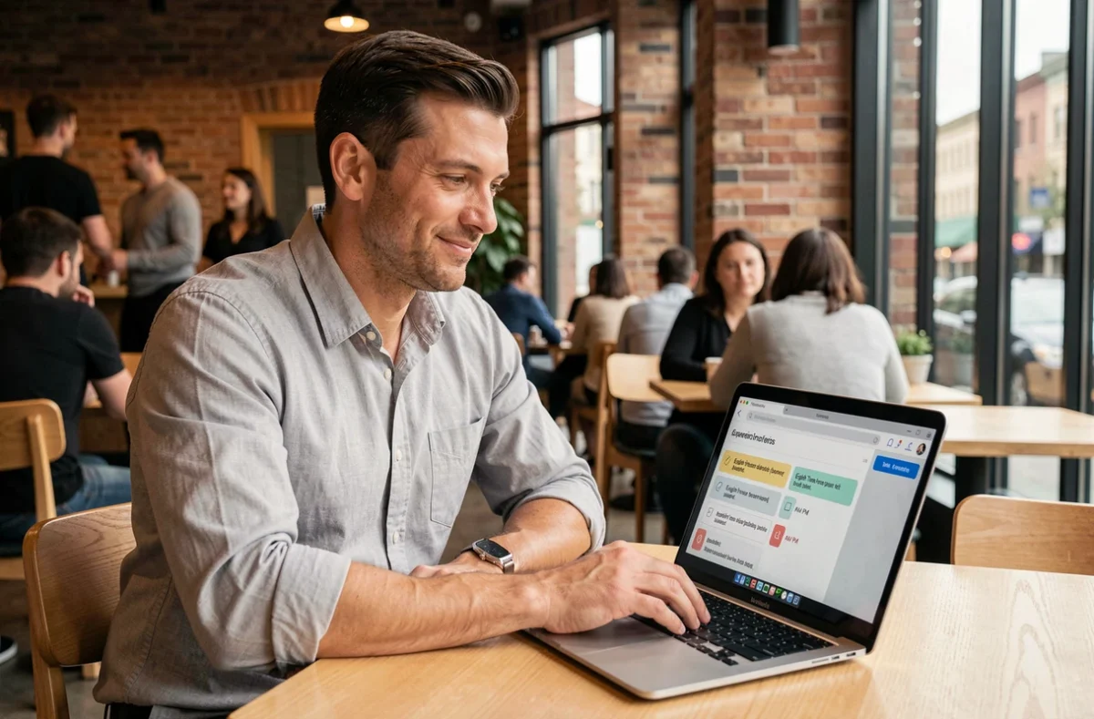 Homme consultant un quiz en anglais sur un ordinateur portable dans un café moderne