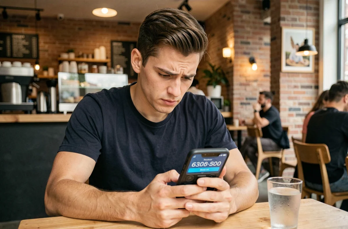 Jeune homme concentré effectuant un quiz chronométré de code de la route sur son smartphone dans un café