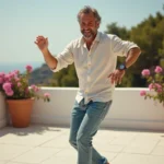 Homme rigide essayant de danser le sirtaki sur une terrasse méditerranéenne ensoleillée