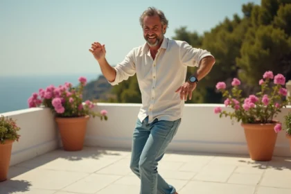 Homme rigide essayant de danser le sirtaki sur une terrasse méditerranéenne ensoleillée