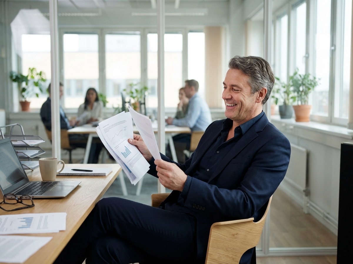 Homme en costume regardant des documents au bureau