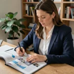 Femme indépendante consultant un magazine professionnel dans son bureau à domicile, prenant des notes stratégiques sur son abonnement formation business