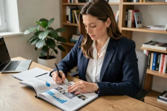 Femme indépendante consultant un magazine professionnel dans son bureau à domicile, prenant des notes stratégiques sur son abonnement formation business