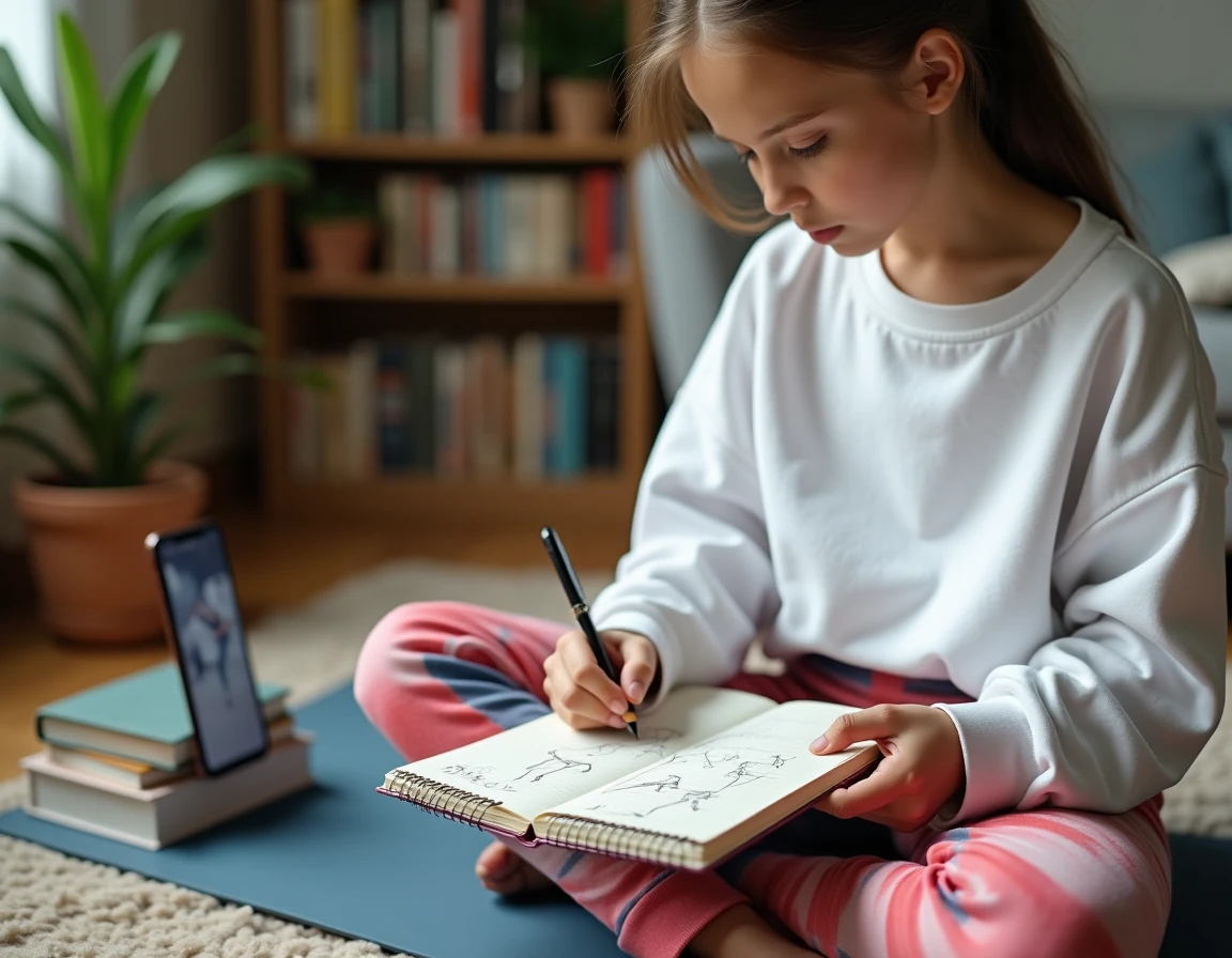 Adolescente prenant des notes pour inventer une chorégraphie à la maison sur un cahier