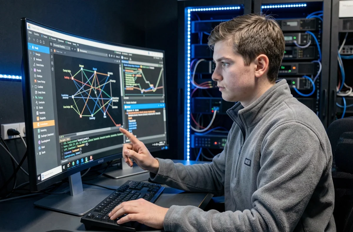Étudiant de l'IPSSI Lille analysant des données de cybersécurité dans un laboratoire spécialisé