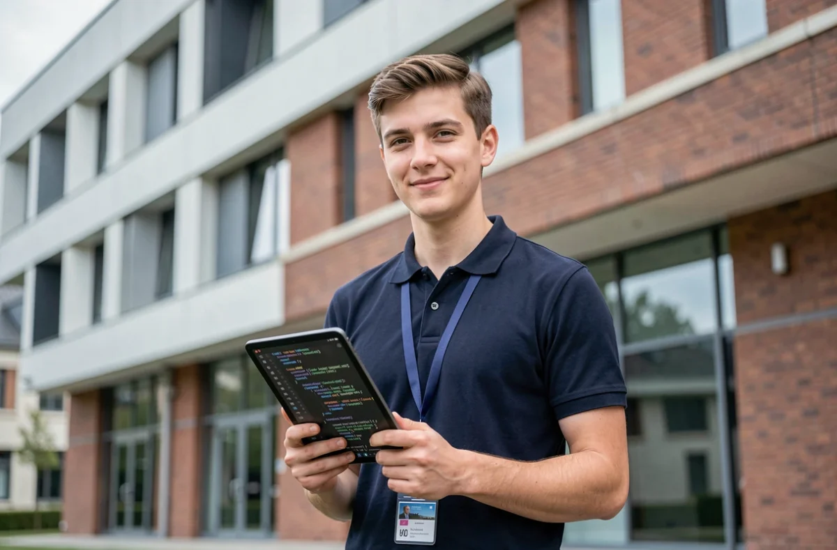 Étudiant de l'ISEN Lille devant le campus Yncréa avec une tablette affichant du code