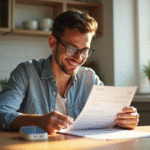 Jeune adulte souriant vérifiant ses finances à la maison