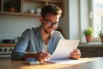 Jeune adulte souriant vérifiant ses finances à la maison