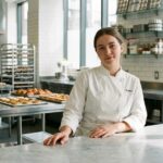 Jeune femme confiante en uniforme de chef pâtissier dans une cuisine moderne