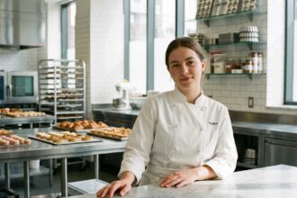 Jeune femme confiante en uniforme de chef pâtissier dans une cuisine moderne