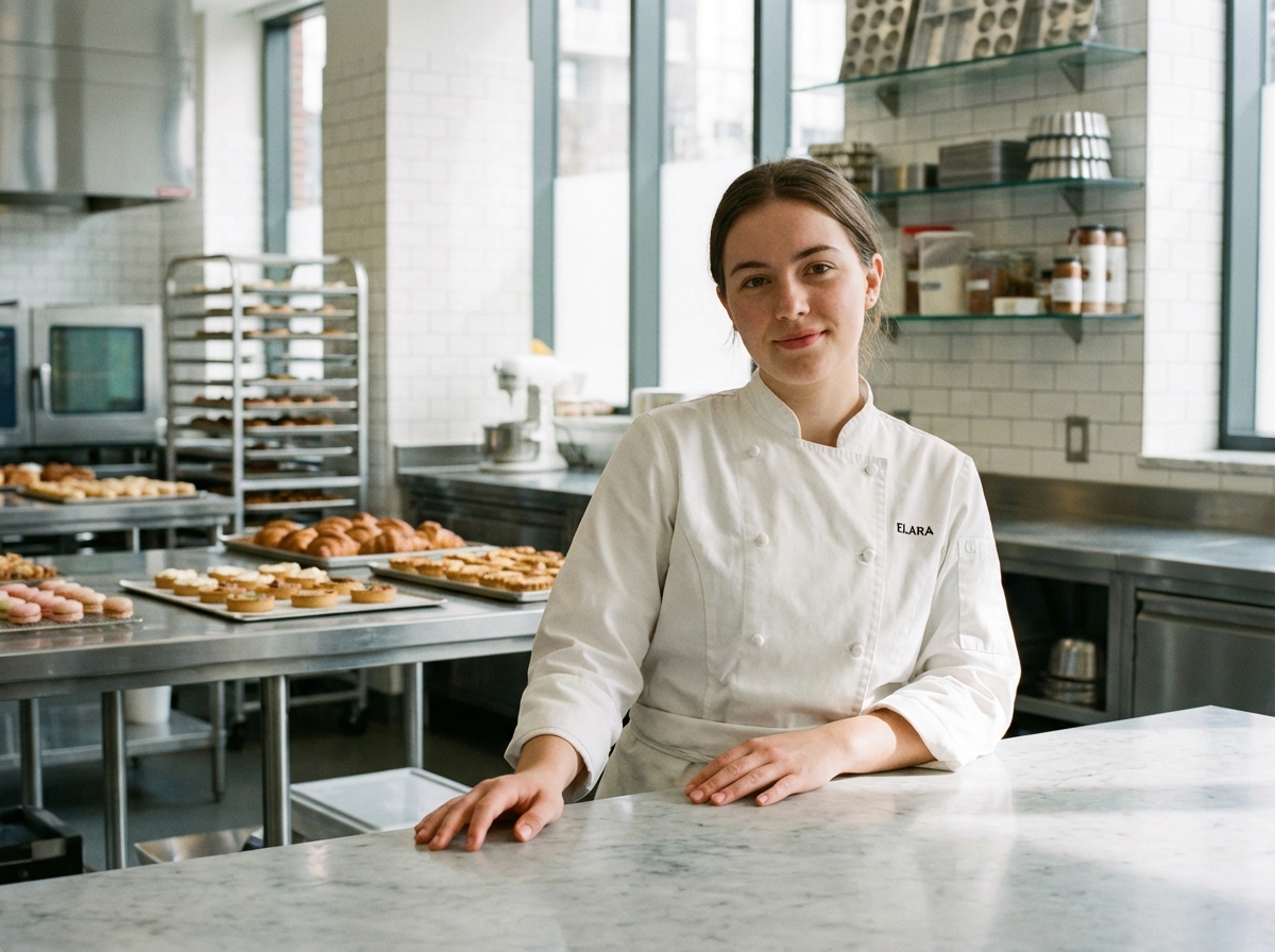 Jeune femme confiante en uniforme de chef pâtissier dans une cuisine moderne