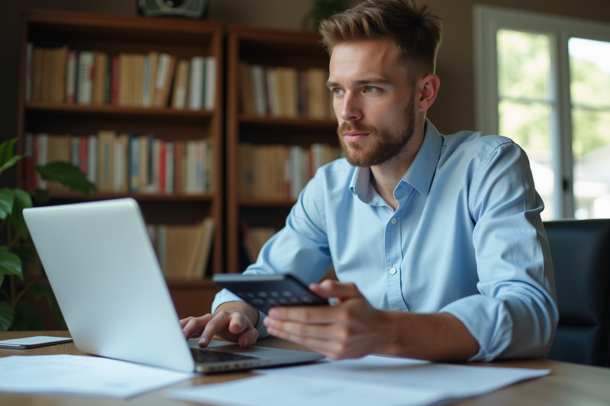 Jeune comptable concentré sur son ordinateur dans un bureau à domicile