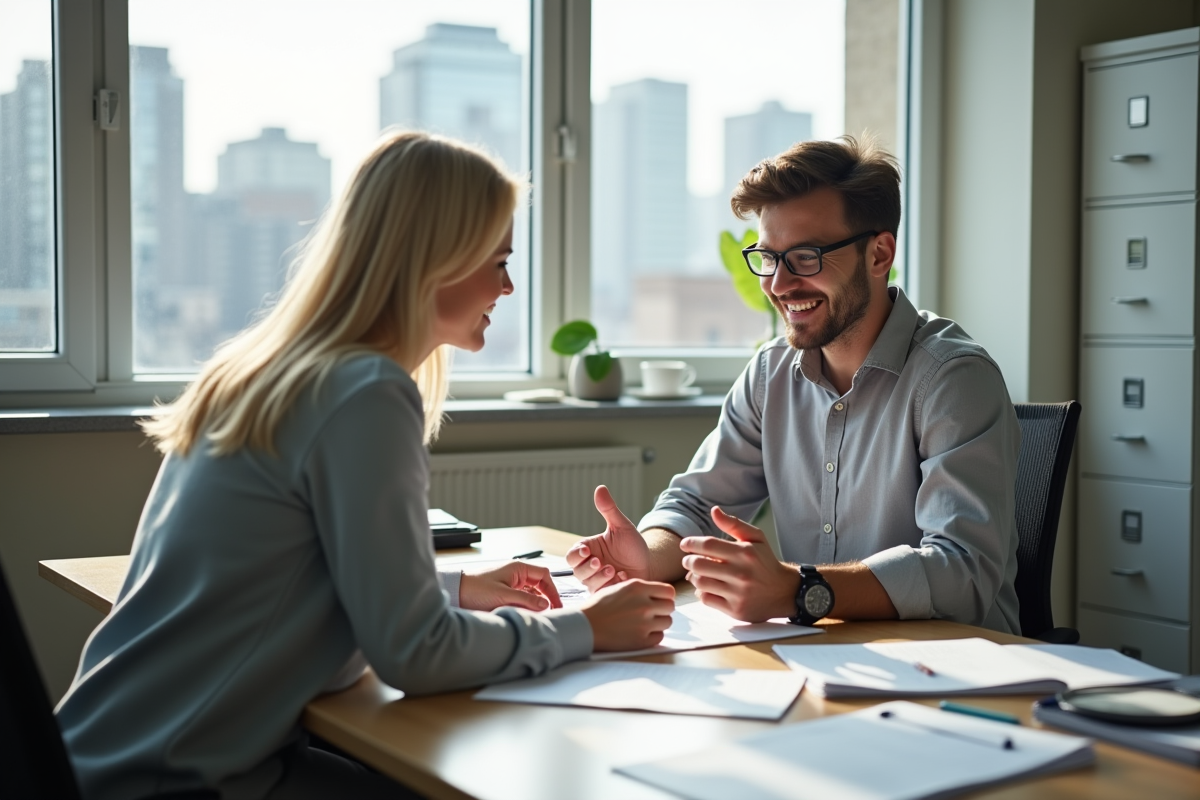 Jeune homme discutant avec une conseillère dans un bureau ensoleille