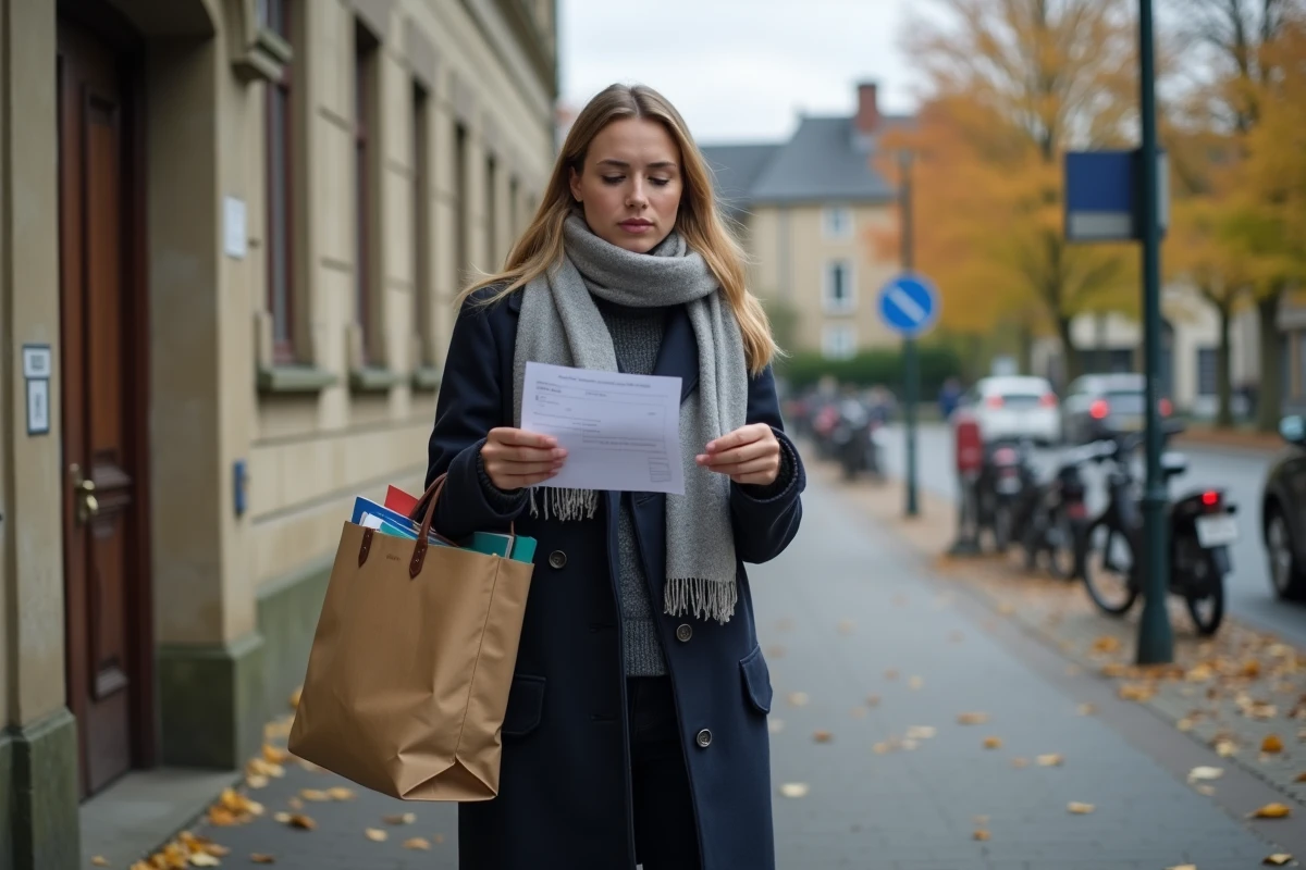 Jeune enseignante devant les grilles d'une école française tenant une fiche de paie modeste et un sac chargé de dossiers, symbolisant la faible rémunération des professeurs