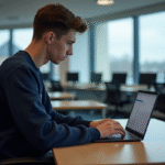 Jeune étudiant universitaire à Cherbourg devant un ordinateur