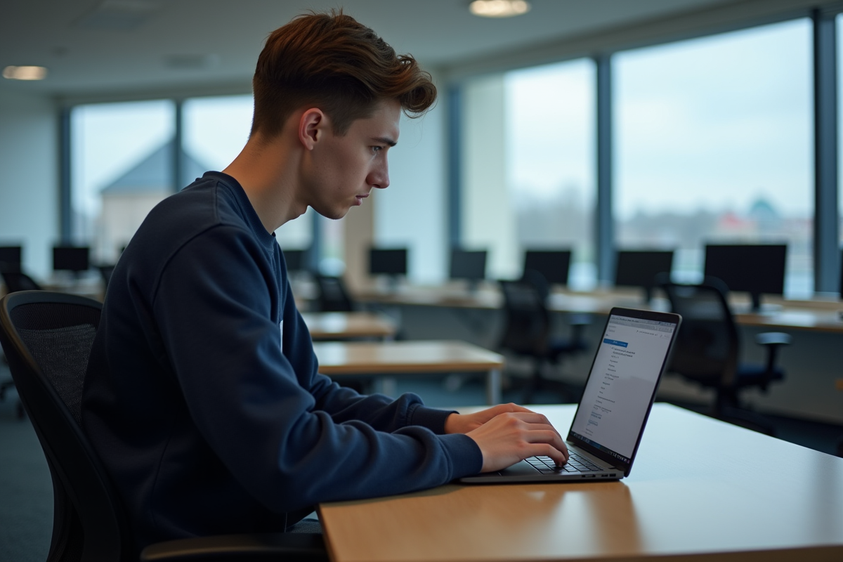 Jeune étudiant universitaire à Cherbourg devant un ordinateur