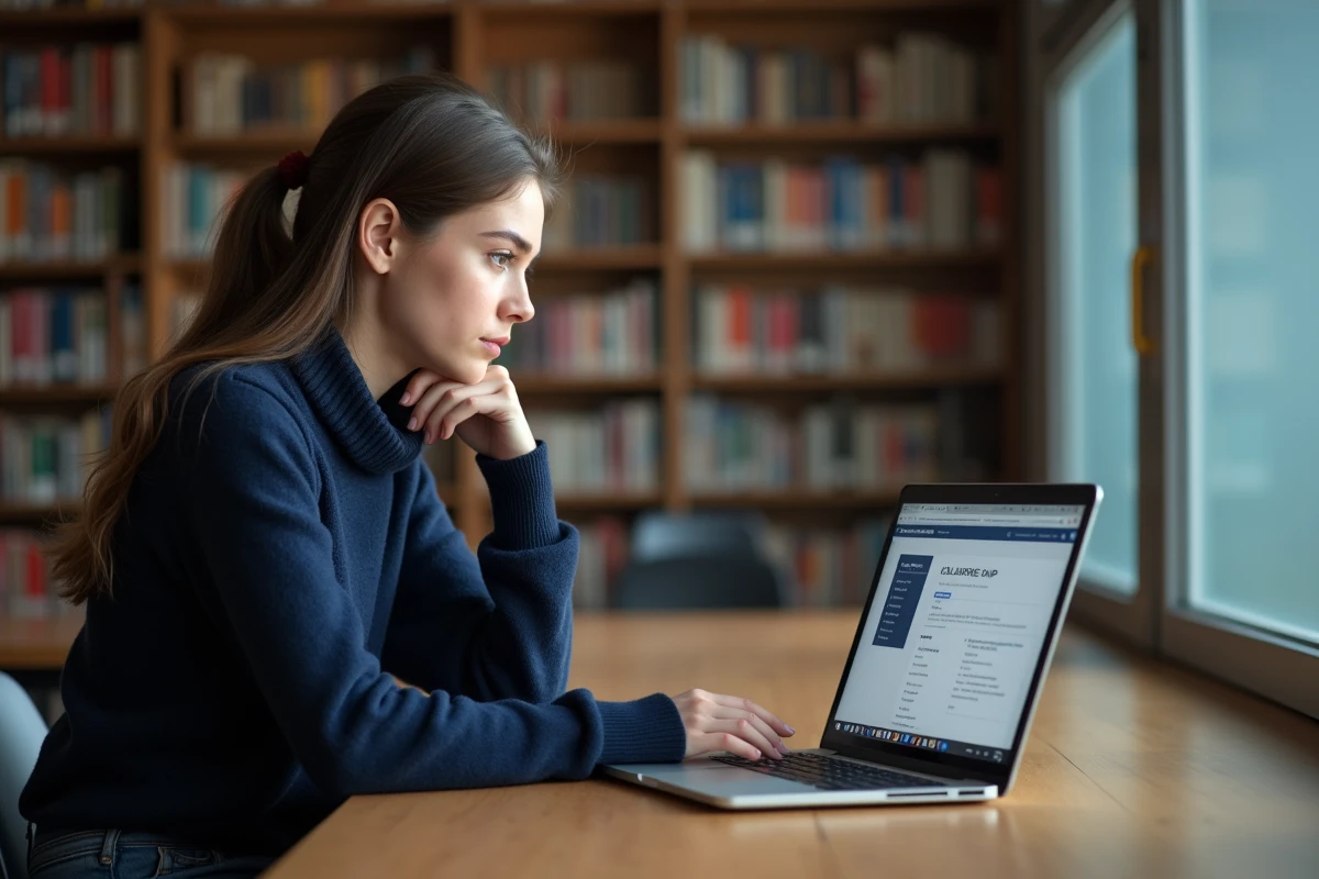 Jeune femme concentrée sur son ordinateur dans une bibliothèque
